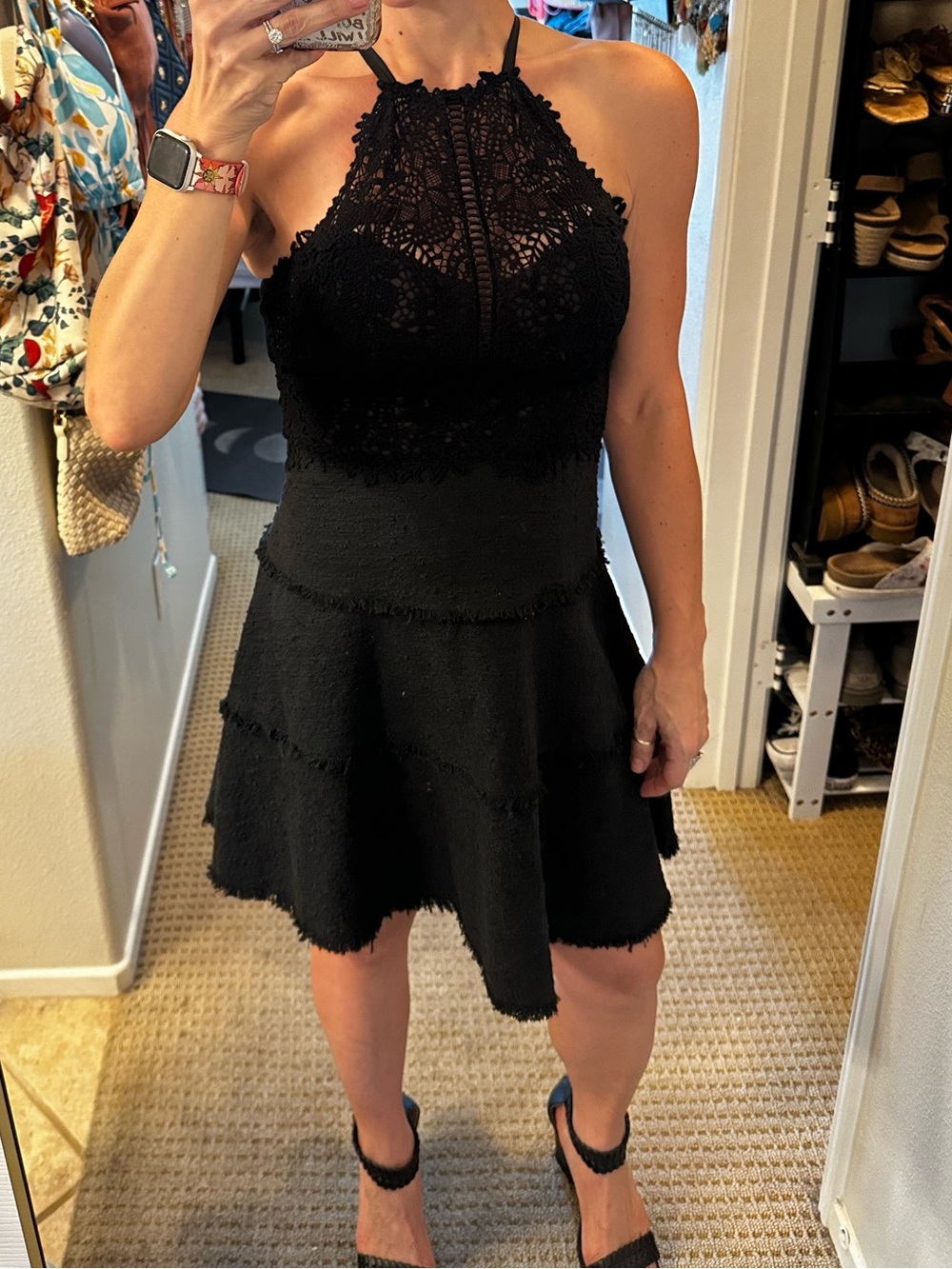 NWT Rebecca Taylor Black Lace Halter Tiered Dress Romantic Cocktail Mini